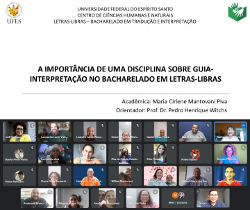 Imagem da capa da apresentação de slides de Maria Cirlene, contendo instituição, título, nome da autora, do orientador; e print da tela do Google Meet onde aparecem as pessoas que estavam presentes na sessão pública de defesa do TCC.